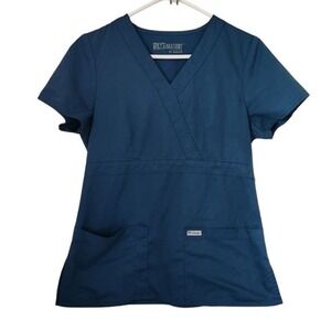 Greys Anatomy by Barco Women"s Mock Wrap Scrub Top Teal Blue V-Neck Size S 244